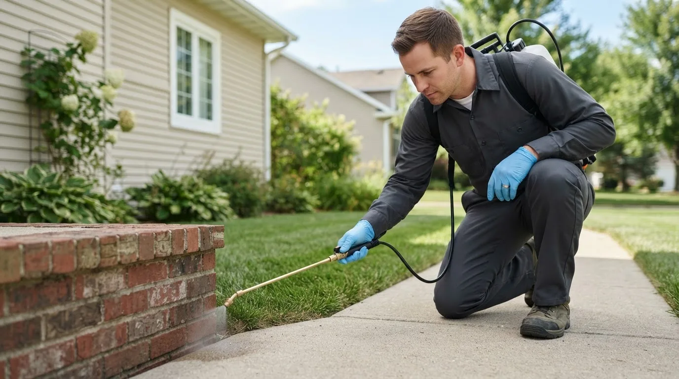 Pest control technician treating a home near Wyocena, WI